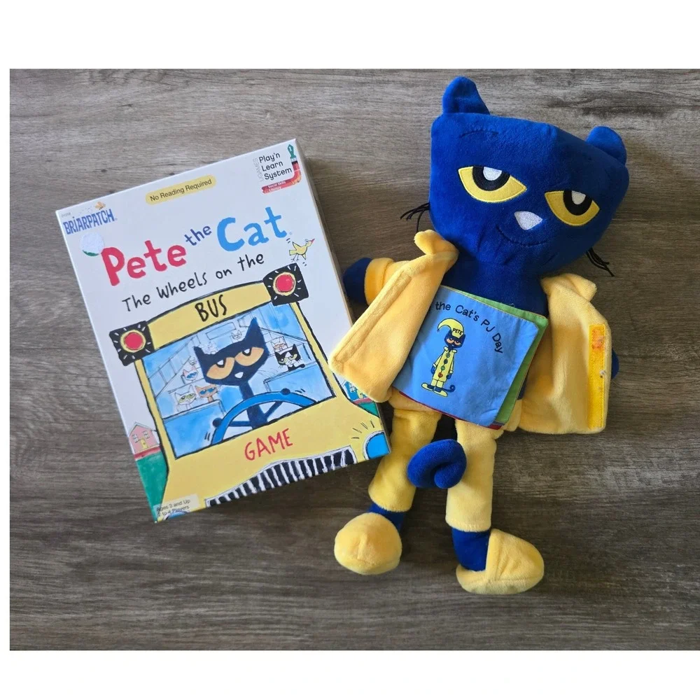 Pete the Cat Wheels on the Bus Game and Plush Doll with PJ Day Cloth Book Set